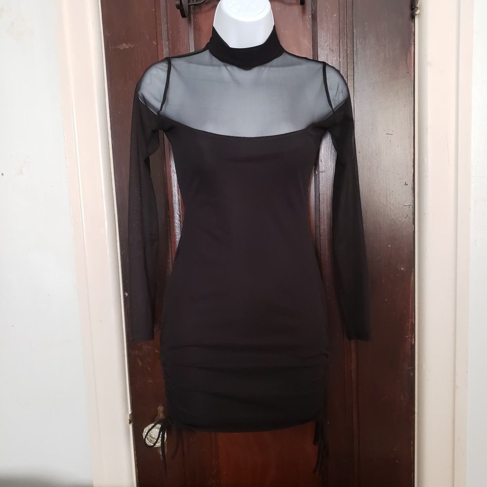 🥰 B2G1F PrettyLittleThing Black Mesh High Neck Bodycon Dress Size US 2 (XS/S)